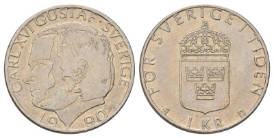 Швеция 1 крона 1990 Карл XVI Густав (1973-) KM 852a медно-никель 4671-347