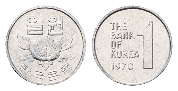 Южная Корея 1 вона 1970 роза шарона KM 4a алюминий UNC 4685-553