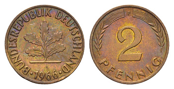 ФРГ 2 пфеннига 1966 F KM 106, J. 381 бронза 4549-866