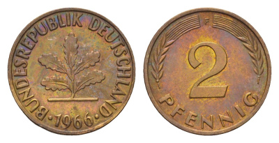 ФРГ 2 пфеннига 1966 F KM 106, J. 381 бронза 4549-866