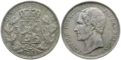 Бельгия 5 франков 1865 Леопольд I (1831-1865) KM 17 серебро 1066-20-66