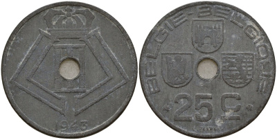 Бельгия 25 сантимов 1943 Belgie - Belgique, Леопольд III (1934-1947), германская оккупация, Вторая мировая война KM 132 цинк 4157-546