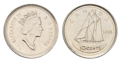 Канада 10 центов 1998 Елизавета II (1952-2022), парусник KM 183 никель 4689-566