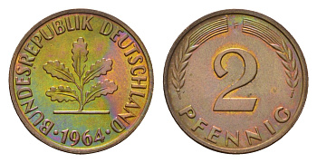 ФРГ 2 пфеннига 1964 F KM 106, J. 381 бронза 4682-1115