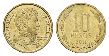 Чили 10 песо 2011 KM 228 никель латунь 4674-462