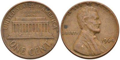 США 1 цент 1964 Линкольн KM 201 медь цинк 4564-432