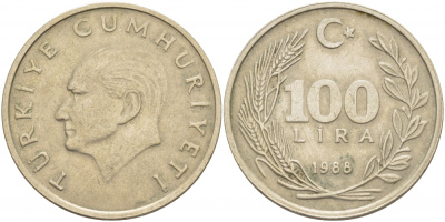 ТУРЦИЯ 100 ЛИР 1988 KM 967 медь никель цинк 4403-134