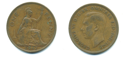 Великобритания 1 пенни 1947 Георг VI (1936-1952) KM 845, Spink 4114 бронза 4383-723