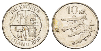 Исландия 10 крон 2004 рыбы KM 29.1a сталь плакированная никелем 4691-251
