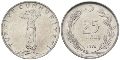 Турция 25 курушей 1974 KM 892.3 нержавеющая сталь 4564-232