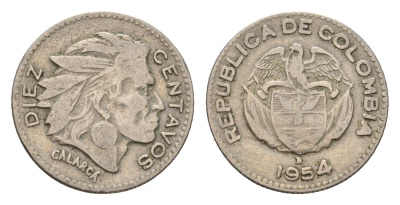 Колумбия 10 сентаво 1954 KM 212 медно-никель 4679-152