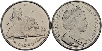 Остров Мэн 1 крона 2011 турецкая ангорская кошка КМ 1440 медно-никель UNC M82-08