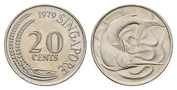 Сингапур 20 центов 1979 голубой марлин, тунец KM 4 медно-никель UNC 4401-327