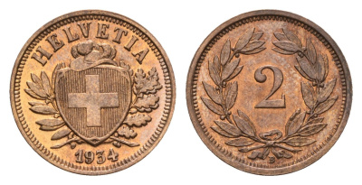 Швейцария 2 раппена 1934 B KM 4.2a бронза UNC 1528-745