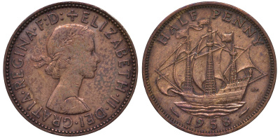 Великобритания 1/2 пенни 1958 Елизавета II (1952-2022) KM 896, Spink 4158 бронза 4122-825