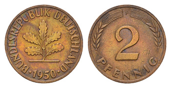 ФРГ 2 пфеннига 1950 F KM 106, J. 381 бронза 4594-148