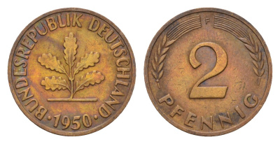 ФРГ 2 пфеннига 1950 F KM 106, J. 381 бронза 4594-148