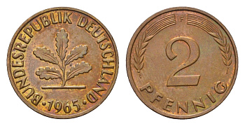 ФРГ 2 пфеннига 1965 F KM 106, J. 381 бронза 4147-825