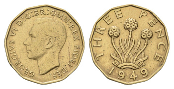 Великобритания 3 пенса 1949 Георг VI (1936-1952), редкий год KM 873, Spink 4113 никель латунь 270-1432