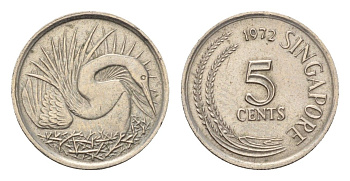Сингапур 5 центов 1972 большая белая цапля KM 2 медно-никель 4685-915