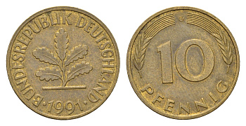 Германия 10 пфеннигов 1991 G KM 108, J. 383 сталь плакированная латунью 4684-1222