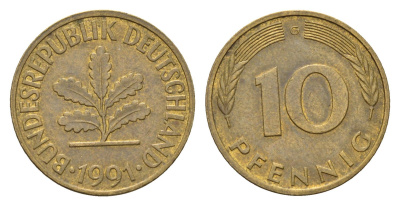 Германия 10 пфеннигов 1991 G KM 108, J. 383 сталь плакированная латунью 4684-1222