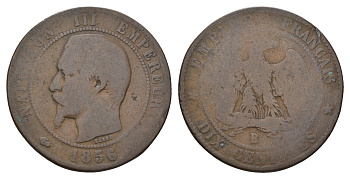 Франция 10 сантимов 1856 B, Наполеон III (1852-1870) KM 771 бронза 4389-936