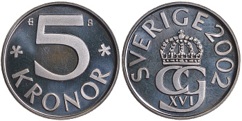 Швеция 5 крон 2002 B, Карл XVI Густав (1973- ) KM 853a медно-никель PROOFLIKE 59-234
