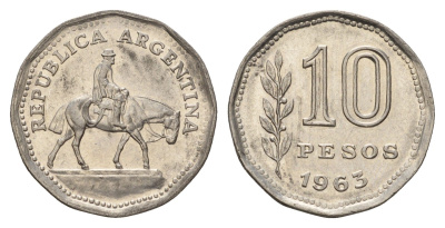 Аргентина 10 песо 1963 Гаучо KM 60 сталь плакированная никелем 4566-224