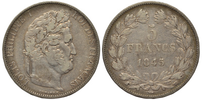 Франция 5 франков 1845 W, Луи Филипп I (1830-1848) KM 749.13 серебро 1516-1633