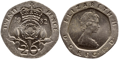Великобритания 20 пенсов 1982 Елизавета II (1952-2022) KM 931, Spink 4230 (G1) медно-никель 51-3217
