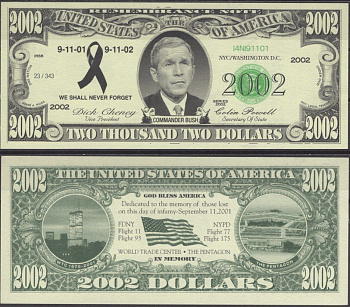 США 2002 доллара 2002 мы никогда не забудем, 1 год с момента теракта 11 сентября - Джордж Буш — младший бумага UNC (пресс) 7197-14-1