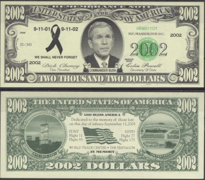 США 2002 доллара 2002 мы никогда не забудем, 1 год с момента теракта 11 сентября - Джордж Буш — младший бумага UNC (пресс) 7197-14-1