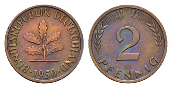 ФРГ 2 пфеннига 1950 J KM 106, J. 381 бронза 4609-335