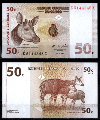 ДР Конго 50 сантимов 1997 Pick 84 A(2) бумага UNC (пресс) 7199-6-2
