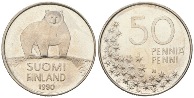 Финляндия 50 пенни 1990 M, полярный медведь KM 66 медно-никель UNC 96-658