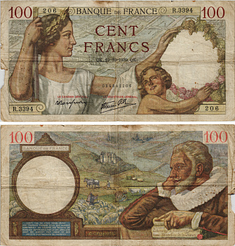 ФРАНЦИЯ 100 ФРАНКОВ 1939 19 ОКТЯБРЯ 1939 Pick 86b бумага 8595-49-1-1