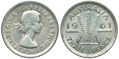 Австралия 3 пенса 1961 m, Елизавета II (1952-2022) KM 57 серебро 71-759