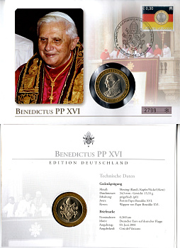 Ватикан медаль "папа Бенедикт XVI" 2005 папа Бенедикт XVI, в конверте с маркой (КПД - Конверт первого дня Гашения) биметалл UNC 9000-24