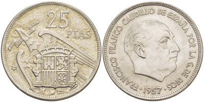 ИСПАНИЯ 25 ПЕСЕТ 1957 (70) ФРАНСИСКО ФРАНКО ДИКТАТОР ИСПАНИИ ( 1939- 1975) KM 787 медно-никель 216-655