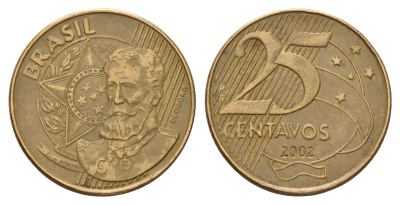 Бразилия 25 сентаво 2002 KM 650 сталь плакированная латунью 4688-145