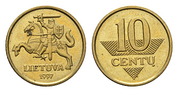 Литва 10 центов (сентов) 1997 KM 106 никель латунь UNC 4689-1069