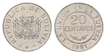 Боливия 20 сентаво 1991 KM 203 нержавеющая сталь UNC 4649-418