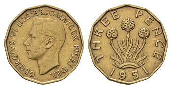 Великобритания 3 пенса 1951 Георг VI (1936-1952), редкий год KM 873, Spink 4113 никель латунь 61-1156
