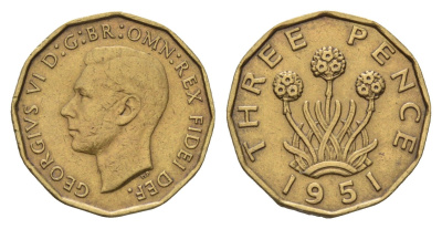 Великобритания 3 пенса 1951 Георг VI (1936-1952), редкий год KM 873, Spink 4113 никель латунь 61-1156