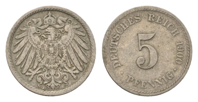 Германия 5 пфеннигов 1900 A KM 11, J. 12 медно-никель 4696-616