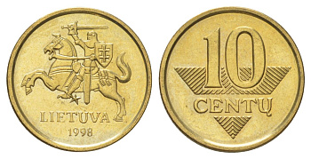 Литва 10 центов (сентов) 1998 KM 106 никель латунь UNC 4625-566