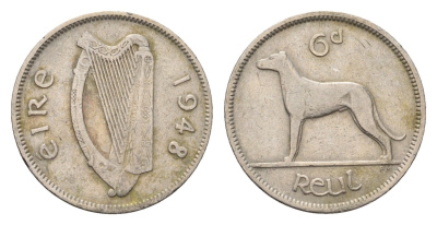 Ирландия 6 пенсов 1948 собака, ирландский волкодав KM 13a медно-никель 4696-517