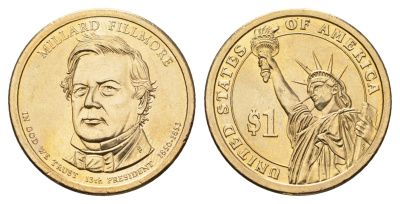 США 1 доллар 2010 P, Президент США - Миллард Филлмор (1850-1853) KM 475 медь с марганцево-латунным покрытием UNC 4624-517