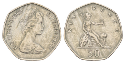 Великобритания 50 пенсов 1969 Елизавета II (1952-2022) KM 913, Spink 4223 (H1) медно-никель 4140-612